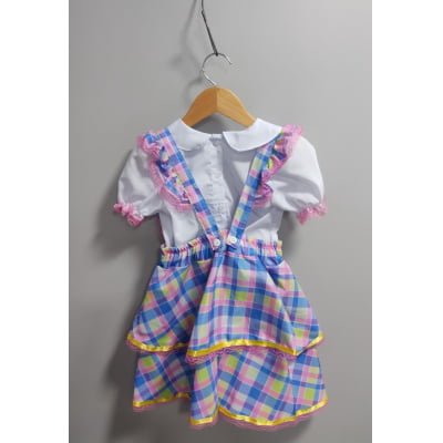 Conjunto Infantil Junino Camisa e Salopete Xadrez Rosa Azul