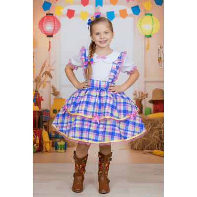 Conjunto Infantil Junino Camisa e Salopete Xadrez Rosa Azul