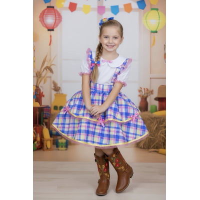 Conjunto Infantil Junino Camisa e Salopete Xadrez Rosa Azul