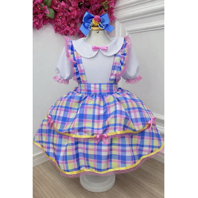 Conjunto Infantil Junino Camisa e Salopete Xadrez Rosa Azul