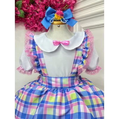 Conjunto Infantil Junino Camisa e Salopete Xadrez Rosa Azul