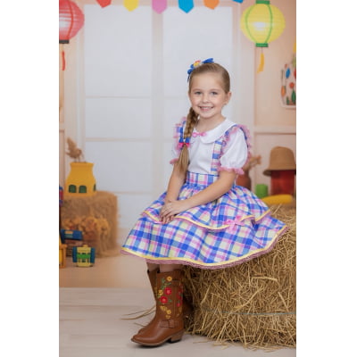 Conjunto Infantil Junino Camisa e Salopete Xadrez Rosa Azul