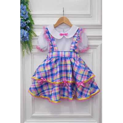 Conjunto Infantil Junino Camisa e Salopete Xadrez Rosa Azul