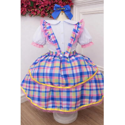 Conjunto Infantil Junino Camisa e Salopete Xadrez Rosa Azul