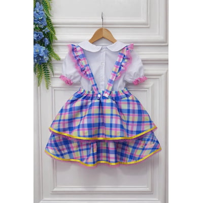 Conjunto Infantil Junino Camisa e Salopete Xadrez Rosa Azul