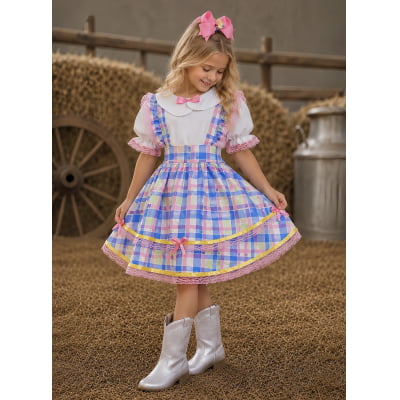 Conjunto Infantil Junino Camisa e Salopete Xadrez Rosa Azul Conjunto Infantil Junino Camisa e Salopete Xadrez Rosa Azul