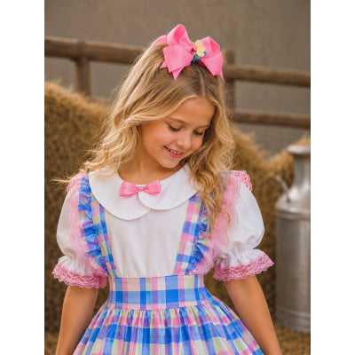 Conjunto Infantil Junino Camisa e Salopete Xadrez Rosa Azul