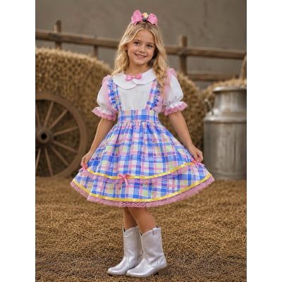 Conjunto Infantil Junino Camisa e Salopete Xadrez Rosa Azul