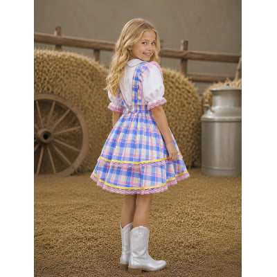 Conjunto Infantil Junino Camisa e Salopete Xadrez Rosa Azul