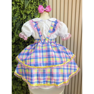 Conjunto Infantil Junino Camisa e Salopete Xadrez Rosa Azul
