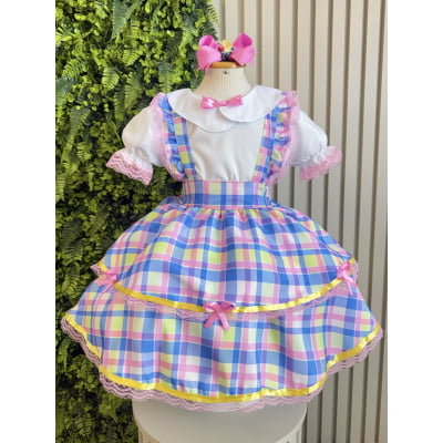 Conjunto Infantil Junino Camisa e Salopete Xadrez Rosa Azul