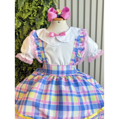 Conjunto Infantil Junino Camisa e Salopete Xadrez Rosa Azul