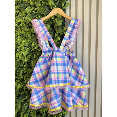 Conjunto Infantil Junino Camisa e Salopete Xadrez Rosa Azul