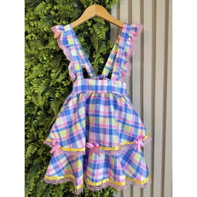 Conjunto Infantil Junino Camisa e Salopete Xadrez Rosa Azul