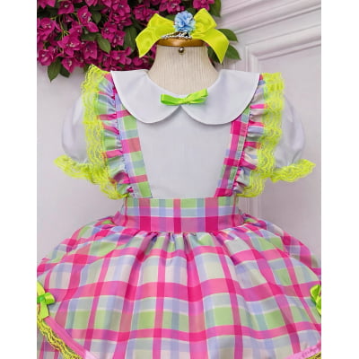 Conjunto Infantil Junino Salopete Xadrez Rosa Verde