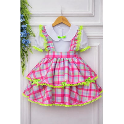 Conjunto Infantil Junino Salopete Xadrez Rosa Verde