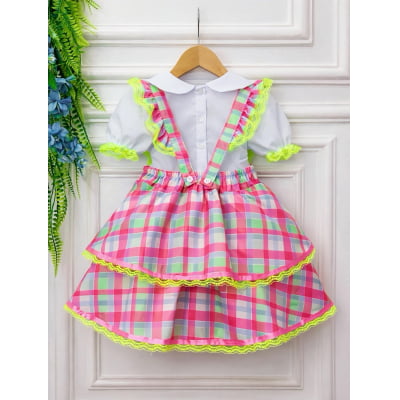 Conjunto Infantil Junino Salopete Xadrez Rosa Verde