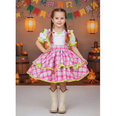 Conjunto Infantil Junino Salopete Xadrez Rosa Verde