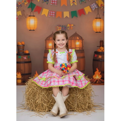 Conjunto Infantil Junino Salopete Xadrez Rosa Verde