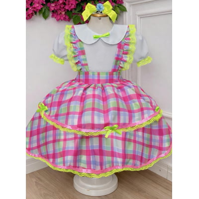 Conjunto Infantil Junino Salopete Xadrez Rosa Verde