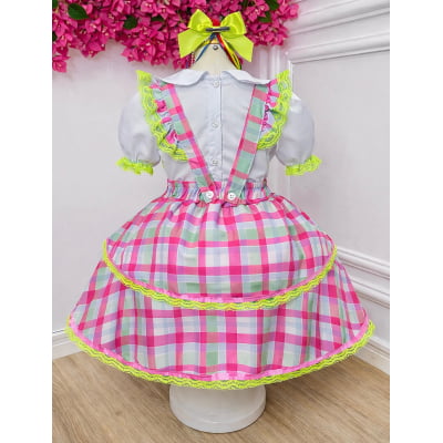 Conjunto Infantil Junino Salopete Xadrez Rosa Verde