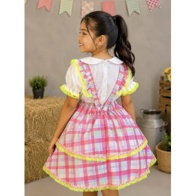 Conjunto Infantil Junino Salopete Xadrez Rosa Verde