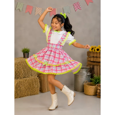 Conjunto Infantil Junino Salopete Xadrez Rosa Verde