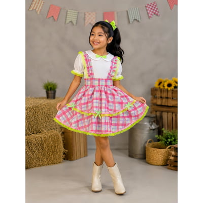 Conjunto Infantil Junino Salopete Xadrez Rosa Verde Conjunto Infantil Junino Salopete Xadrez Rosa Verde