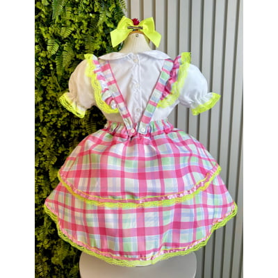 Conjunto Infantil Junino Salopete Xadrez Rosa Verde