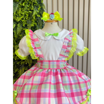 Conjunto Infantil Junino Salopete Xadrez Rosa Verde
