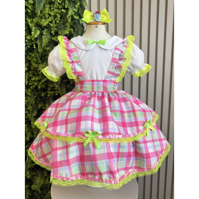 Conjunto Infantil Junino Salopete Xadrez Rosa Verde