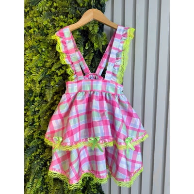 Conjunto Infantil Junino Salopete Xadrez Rosa Verde