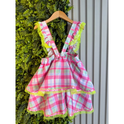 Conjunto Infantil Junino Salopete Xadrez Rosa Verde