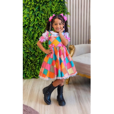 Conjunto Junino Meninas Blusa Branca C/ Saia Xadrez Colorida