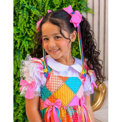 Conjunto Junino Meninas Blusa Branca C/ Saia Xadrez Colorida