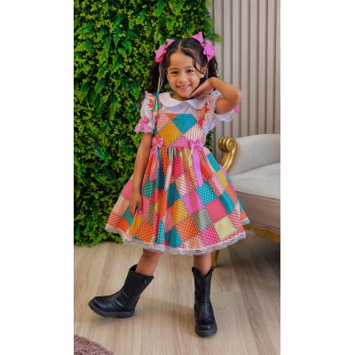 Conjunto Junino Meninas Blusa Branca C/ Saia Xadrez Colorida