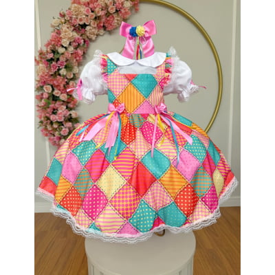 Conjunto Junino Meninas Blusa Branca C/ Saia Xadrez Colorida