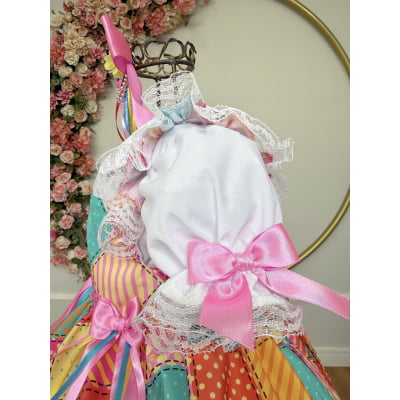 Conjunto Junino Meninas Blusa Branca C/ Saia Xadrez Colorida