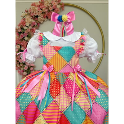 Conjunto Junino Meninas Blusa Branca C/ Saia Xadrez Colorida