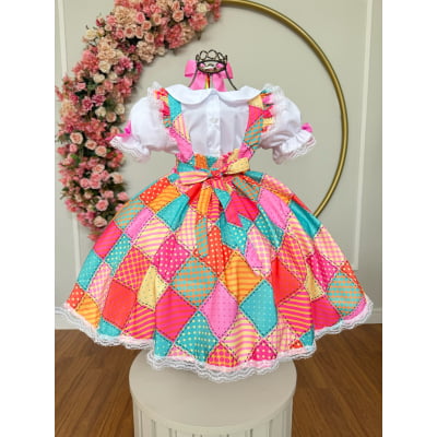 Conjunto Junino Meninas Blusa Branca C/ Saia Xadrez Colorida