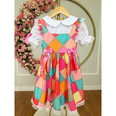 Conjunto Junino Meninas Blusa Branca C/ Saia Xadrez Colorida