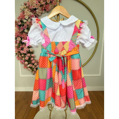 Conjunto Junino Meninas Blusa Branca C/ Saia Xadrez Colorida