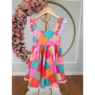 Conjunto Junino Meninas Blusa Branca C/ Saia Xadrez Colorida