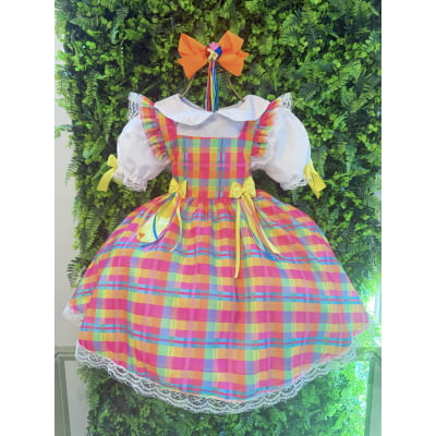 Conjunto Junino Meninas Blusa Branca Com Saia Xadrez Colorida