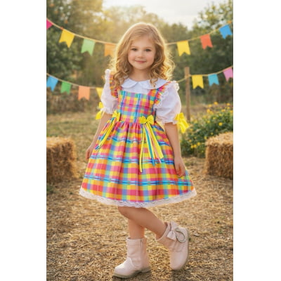 Conjunto Junino Meninas Blusa Branca Com Saia Xadrez Colorida