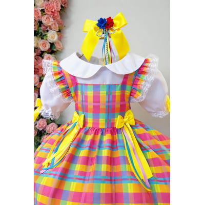 Conjunto Junino Meninas Blusa Branca Com Saia Xadrez Colorida