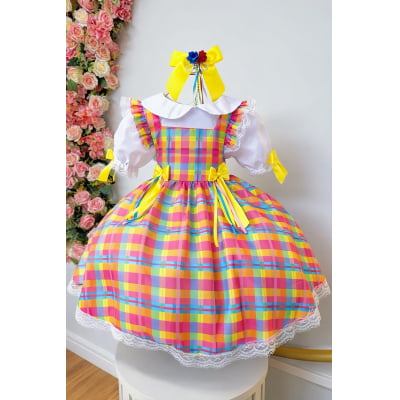 Conjunto Junino Meninas Blusa Branca Com Saia Xadrez Colorida