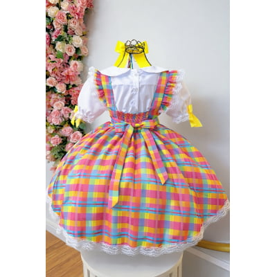 Conjunto Junino Meninas Blusa Branca Com Saia Xadrez Colorida