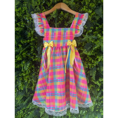 Conjunto Junino Meninas Blusa Branca Com Saia Xadrez Colorida