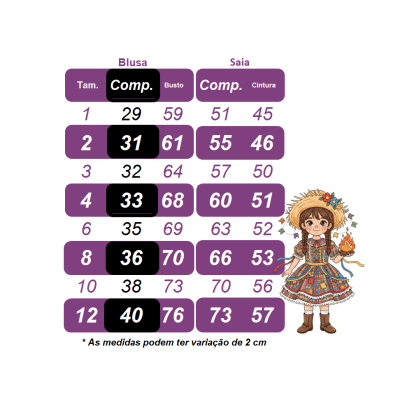 Conjunto Junino Meninas Blusa Branca Com Saia Xadrez Colorida